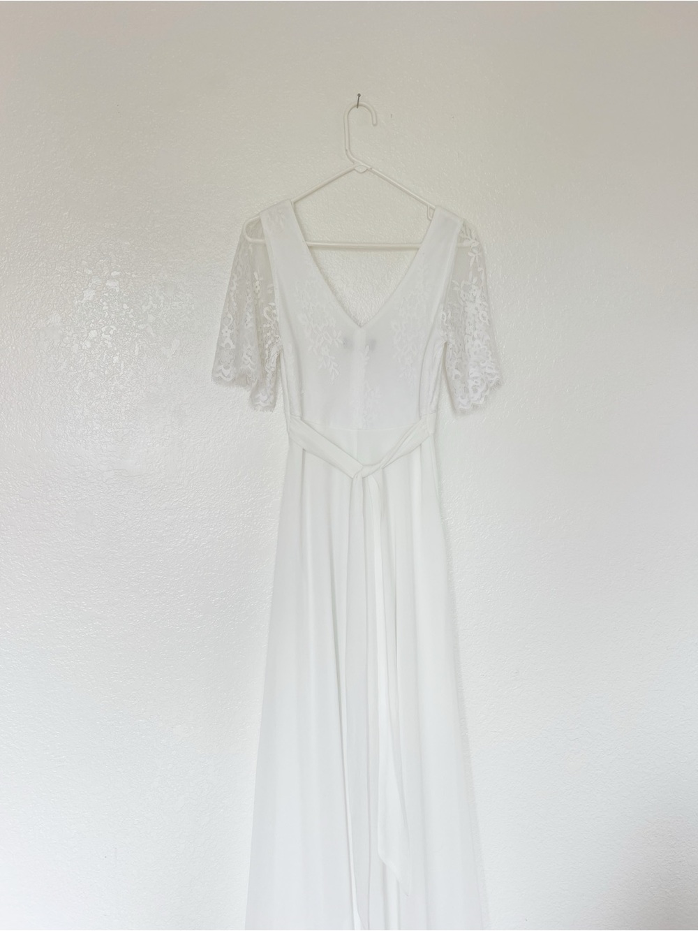 Lulus Daphne Wedding Dress Lace Short Sleeve V-Neck Bridal Gown Long Boho Maxi - Picture 9 of 12